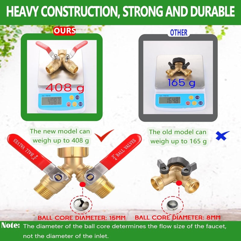 CbeeSo Brass Garden Hose Splitter 2 Way Heavy Duty, Y Valve Hose Splitter With Stainless Steel Long Handle, 3/4" GHT Thread Y Valve Water Garden Hose Tap Adapter - Image 4